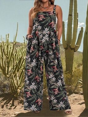 Military Hippie Floral Wide-Leg Jumpsuit